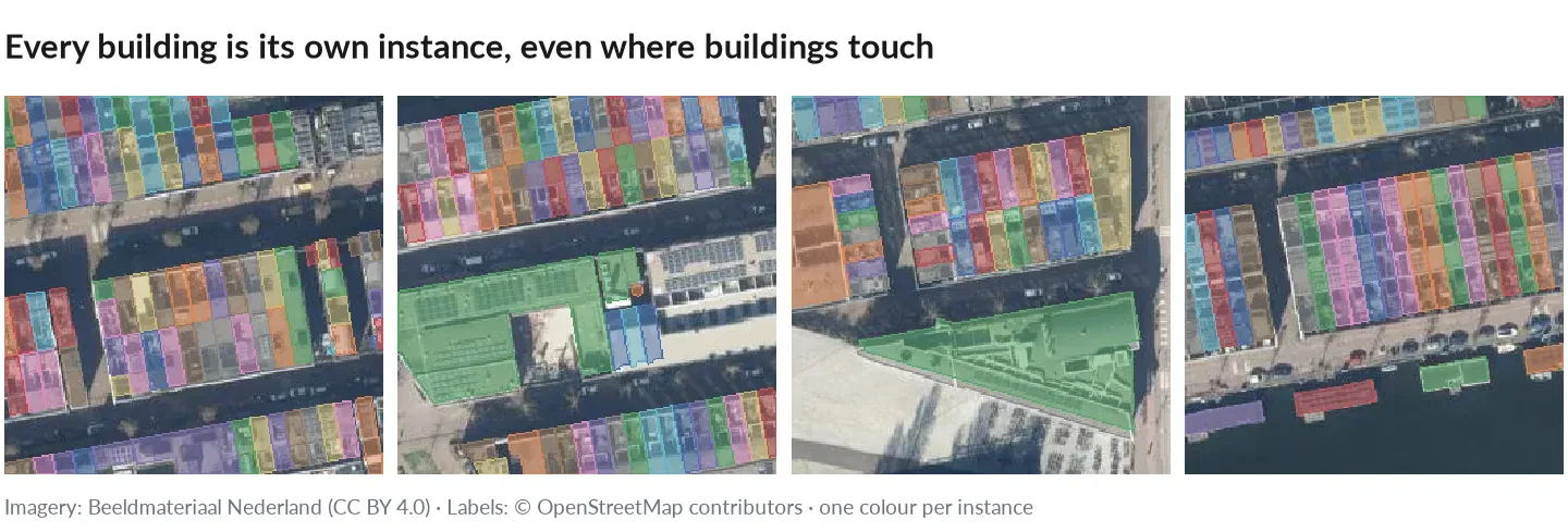 Aerial patches with every building in its own colour
